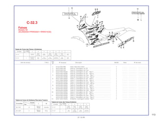 113
Ref.
Item de serviço T.M.O. Nº da peça Descrição NX350 Nota Nº de série
Nº
1 61322-KAS-900 Faixa, Pára-brisa Diant. ................................................................... 1 .............. ..................... .......................
2 64223-KAS-930 Faixa A, Carenagem Lat. Dir. .......................................................... 1 .............. ..................... .......................
3 64224-KAS-930 Faixa A, Carenagem Lat. Esq.......................................................... 1 .............. ..................... .......................
4 64225-KAS-930ZA Faixa B, Carenagem Lat. Dir., *Tipo I*............................................. 1 .............. ..................... .......................
64225-KAS 930ZB Faixa B, Carenagem Lat. Dir., *Tipo II*............................................ 1 .............. ..................... .......................
5 64226-KAS-930ZA Faixa B, Carenagem Lat. Esq., *Tipo I*........................................... 1 .............. ..................... .......................
64226-KAS-930ZB Faixa B, Carenagem Lat. Esq., *Tipo II*.......................................... 1 .............. ..................... .......................
6 64227-KAS-930ZA Faixa C, Carenagem Lat. Dir., *Tipo I* ............................................ 1 .............. ..................... .......................
64227-KAS-930ZB Faixa C, Carenagem Lat. Dir., *Tipo II* ........................................... 1 .............. ..................... .......................
7 64228-KAS-930ZA Faixa C, Carenagem Lat. Esq., *Tipo I*........................................... 1 .............. ..................... .......................
64228-KAS-930ZB Faixa C, Carenagem Lat. Esq., *Tipo II*.......................................... 1 .............. ..................... .......................
8 64229-KAS-930ZA Faixa D, Carenagem Lat. Dir., *Tipo I* ............................................ 1 .............. ..................... .......................
64229-KAS-930ZB Faixa D, Carenagem Lat. Dir., *Tipo II* ........................................... 1 .............. ..................... .......................
9 64230-KAS-930ZA Faixa D, Carenagem Lat. Esq., *Tipo I*........................................... 1 .............. ..................... .......................
64230-KAS-930ZB Faixa D, Carenagem Lat. Esq., *Tipo II*.......................................... 1 .............. ..................... .......................
10 64233-KAS-930ZA Faixa E, Carenagem Lat. Dir., *Tipo I*............................................. 1 .............. ..................... .......................
64233-KAS-930ZB Faixa E, Carenagem Lat. Dir., *Tipo II*............................................ 1 .............. ..................... .......................
11 64234-KAS-930ZA Faixa E, Carenagem Lat. Esq., *Tipo I* ........................................... 1 .............. ..................... .......................
64234-KAS-930ZB Faixa E, Carenagem Lat. Esq., *Tipo II* .......................................... 1 .............. ..................... .......................
12 64421-KAS-930ZA Emblema, Carenagem Central, *Tipo I* .......................................... 1 .............. ..................... .......................
C-32.3
Faixas
Modelo 94
(9C2ND0501PRR00001~RRR01639)
01.10.99
Tabela de Cores do Emblema Pára-lama Traseiro
Cor da Moto
Posição
L M
Tipo
NH-193P IV
Branco
Vemelho
Pérola
NH-328P V
Branco
Preto
Pérola
Cor da Moto
Posição
A B C D E H I
Tipo
Vermelho
Violeta
Prata
Violeta Violeta Branco
Preto
NH-193P I Metálico Metálico Metálico Pérola
(R-134)
(RP-140M)
Metálico
(RP-140M) (RP-140M) (NH-193P)
(NH-1)
Azul Astúrias
Azul Prata Prata Vermelho Prata Preto
NH-328P II Metálico
(PB-242M)
Pérola (NH-287M) (NH-287M) Fluorescente Metálica (NH-1)
Tabela de Cores das Faixas e Emblemas
Cor da Moto
Posição
F G J K
Tipo
Violeta Branco Violeta Violeta
NH-193P I Metálica Pérola Metálica Metálica
(RP-140M) (NH-193P) (RP-140M) (RP-140M)
Azul
Prata
Prata Vermelho
NH-328P II Metálica
Pérola
(NH-287M)
Metálica Fluorescente
Tabela de Cores das Faixas Emblema
 