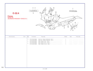 13 87122-KAS-940ZA Faixa Esq., Tanque Combustível, *Tipo I* ....................................... 1 .............. ..................... .......................
87122-KAS-940ZB Faixa Esq., Tanque Combustível, *Tipo II* ...................................... 1 .............. ..................... .......................
14 87123-KAS-940ZA Faixa, Tampa Lat. Dir., *Tipo I*........................................................ 1 .............. ..................... .......................
87123-KAS-940ZB Faixa, Tampa Lat. Dir., *Tipo II*....................................................... 1 .............. ..................... .......................
15 87124-KAS-940ZA Faixa, Tampa Lat. Esq., *Tipo I* ...................................................... 1 .............. ..................... .......................
87124-KAS-940ZB Faixa, Tampa Lat. Esq., *Tipo II* ..................................................... 1 .............. ..................... .......................
Ref.
Item de serviço T.M.O. Nº da peça Descrição NX350 Nota Nº de série
Nº
C-32.4
Faixas
Modelo 95
(9C2ND0501RRS00001~SRS02721)
116
01.10.99
 