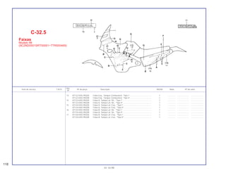 13 87122-KAS-950ZA Faixa Esq., Tanque Combustível, *Tipo I* ....................................... 1 .............. ..................... .......................
87122-KAS-950ZB Faixa Esq., Tanque Combustível, *Tipo II* ...................................... 1 .............. ..................... .......................
14 87123-KAS-950ZA Faixa A, Tampa Lat. Dir., *Tipo I* .................................................... 1 .............. ..................... .......................
87123-KAS-950ZB Faixa A, Tampa Lat. Dir., *Tipo II* ................................................... 1 .............. ..................... .......................
15 87124-KAS-950ZA Faixa A, Tampa Lat. Esq., *Tipo I*................................................... 1 .............. ..................... .......................
87124-KAS-950ZB Faixa A, Tampa Lat. Esq., *Tipo II*.................................................. 1 .............. ..................... .......................
16 87125-KAS-950ZA Faixa B, Tampa Lat. Dir., *Tipo I* .................................................... 1 .............. ..................... .......................
87125-KAS-950ZB Faixa B, Tampa Lat. Dir., *Tipo II* ................................................... 1 .............. ..................... .......................
17 87126-KAS-950ZA Faixa B, Tampa Lat. Esq., *Tipo I*................................................... 1 .............. ..................... .......................
87126-KAS-950ZB Faixa B, Tampa Lat. Esq., *Tipo II*.................................................. 1 .............. ..................... .......................
Ref.
Item de serviço T.M.O. Nº da peça Descrição NX350 Nota Nº de série
Nº
C-32.5
Faixas
Modelo 96
(9C2ND0501SRT00001~TTR005469)
118
01.10.99
 