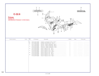 (12) 64421-KAS-930ZB Emblema, Carenagem Central, *Tipo II* ......................................... 1 .............. ..................... .......................
13 87119-KAS-940ZA Emblema, Pára-lama Tras., *Tipo I*................................................. 1 .............. ..................... .......................
14 87121-KAS-960ZA Faixa Dir., Tanque Combustível, *Tipo I*......................................... 1 .............. ..................... .......................
87121-KAS-960ZB Faixa Dir., Tanque Combustível, *Tipo II*........................................ 1 .............. ..................... .......................
15 87122-KAS-960ZA Faixa Esq., Tanque Combustível, *Tipo I* ....................................... 1 .............. ..................... .......................
87122-KAS-960ZB Faixa Esq., Tanque Combustível, *Tipo II* ...................................... 1 .............. ..................... .......................
16 87123-KAS-960ZA Faixa A, Tampa Lat. Dir., *Tipo I* .................................................... 1 .............. ..................... .......................
87123-KAS-960ZB Faixa A, Tampa Lat. Dir., *Tipo II* ................................................... 1 .............. ..................... .......................
17 87124-KAS-960ZA Faixa A, Tampa Lat. Esq., *Tipo I*................................................... 1 .............. ..................... .......................
87124-KAS-960ZB Faixa A, Tampa Lat. Esq., *Tipo II*.................................................. 1 .............. ..................... .......................
18 87125-KAS-960ZA Faixa B, Tampa Lat. Dir., *Tipo I* .................................................... 1 .............. ..................... .......................
87125-KAS-960ZB Faixa B, Tampa Lat. Dir., *Tipo II* ................................................... 1 .............. ..................... .......................
19 87126-KAS-960ZA Faixa B, Tampa Lat. Esq., *Tipo I*................................................... 1 .............. ..................... .......................
87126-KAS-960ZB Faixa B, Tampa Lat. Esq., *Tipo II*.................................................. 1 .............. ..................... .......................
Ref.
Item de serviço T.M.O. Nº da peça Descrição NX350 Nota Nº de série
Nº
120
01.10.99
C-32.6
Faixas
Modelo 97
(9C2ND050VTR000001~VVR010823)
 