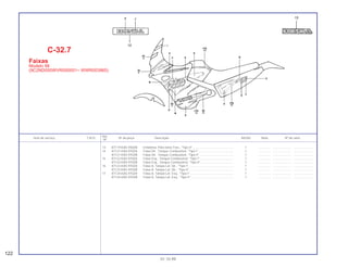 13 87119-KAS-940ZB Emblema, Pára-lama Tras., *Tipo II*................................................ 1 .............. ..................... .......................
14 87121-KAS-970ZA Faixa Dir., Tanque Combustível, *Tipo I*......................................... 1 .............. ..................... .......................
87121-KAS-970ZB Faixa Dir., Tanque Combustível, *Tipo II*........................................ 1 .............. ..................... .......................
15 87122-KAS-970ZA Faixa Esq., Tanque Combustível, *Tipo I* ....................................... 1 .............. ..................... .......................
87122-KAS-970ZB Faixa Esq., Tanque Combustível, *Tipo II* ...................................... 1 .............. ..................... .......................
16 87123-KAS-970ZA Faixa A, Tampa Lat. Dir., *Tipo I* .................................................... 1 .............. ..................... .......................
87123-KAS-970ZB Faixa A, Tampa Lat. Dir., *Tipo II* ................................................... 1 .............. ..................... .......................
17 87124-KAS-970ZA Faixa A, Tampa Lat. Esq., *Tipo I*................................................... 1 .............. ..................... .......................
87124-KAS-970ZB Faixa A, Tampa Lat. Esq., *Tipo II*.................................................. 1 .............. ..................... .......................
Ref.
Item de serviço T.M.O. Nº da peça Descrição NX350 Nota Nº de série
Nº
122
01.10.99
C-32.7
Faixas
Modelo 98
(9C2ND050WVR000001~ WWR003965)
 