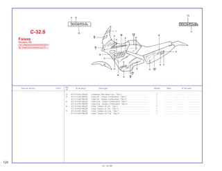 13 87119-KAS-940ZA Emblema, Pára-lama Tras., *Tipo I*................................................. 1 .............. ..................... .......................
14 87121-KAS-980ZA Faixa Dir., Tanque Combustível, *Tipo I*......................................... 1 .............. ..................... .......................
87121-KAS-980ZB Faixa Dir., Tanque Combustível, *Tipo II*........................................ 1 .............. ..................... .......................
15 87122-KAS-980ZA Faixa Esq., Tanque Combustível, *Tipo I* ....................................... 1 .............. ..................... .......................
87122-KAS-980ZB Faixa Esq., Tanque Combustível, *Tipo II* ...................................... 1 .............. ..................... .......................
16 87123-KAS-980ZA Faixa, Tampa Lat. Dir., *Tipo I*........................................................ 1 .............. ..................... .......................
87123-KAS-980ZB Faixa, Tampa Lat. Dir., *Tipo II*....................................................... 1 .............. ..................... .......................
17 87124-KAS-980ZA Faixa, Tampa Lat. Esq., *Tipo I* ...................................................... 1 .............. ..................... .......................
87124-KAS-980ZB Faixa, Tampa Lat. Esq., *Tipo II* ..................................................... 1 .............. ..................... .......................
Ref.
Item de serviço T.M.O. Nº da peça Descrição NX350 Nota Nº de série
Nº
C-32.8
Faixas
Modelo 99
(9C2ND050XWR000001
9C2ND500XR003433~)
124
01.10.99
 