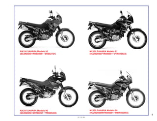 9
01.10.99
NX350 SAHARA Modelo 95
(9C2ND0501RRS00001~SRS02721)
NX350 SAHARA Modelo 97
(9C2ND050VTR000001~VVR010823)
NX350 SAHARA Modelo 96
(9C2ND0501SRT00001~TTR005469)
NX350 SAHARA Modelo 98
(9C2ND050WVR000001~WWR003965)
 