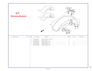 57
Ref.
Item de serviço T.M.O. Nº da peça Descrição NX350 Nota Nº de série
Nº
6 61102-KAS-900 Bucha B, Pára-lama Dianteiro ......................................................... 4 .............. ..................... .......................
7 61120-KY7-000 Guia Ar, Inferior................................................................................ 1 .............. ..................... .......................
8 61125-KAS-900 Bucha, Guia Ar, Inferior ................................................................... 2 .............. ..................... .......................
9 95700-06025-00 Parafuso Flange, 6 x 25................................................................... 4 .............. ..................... .......................
95701-06025-00 Parafuso Flange, 6 x 25................................................................... 4 Y-Y ..................... .......................
10 95700-06035-00 Parafuso Flange, 6 x 35................................................................... 2 .............. ..................... .......................
95701-06035-00 Parafuso Flange, 6 x 35................................................................... 2 Y-Y ..................... .......................
C-7
Pára-lama Dianteiro
01.10.99
 