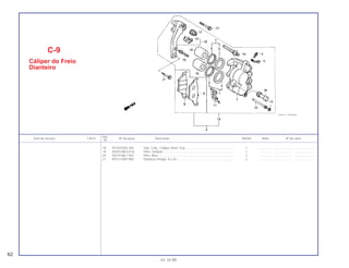 18 45150-KAS-305 Sub. Conj., Cáliper Diant. Esq......................................................... 1 .............. ..................... .......................
19 45203-MG3-016 Pino, Tampão................................................................................... 1 .............. ..................... .......................
20 45215-ML7-922 Pino, Alça......................................................................................... 1 .............. ..................... .......................
21 90131-KAS-900 Parafuso Flange, 8 x 35................................................................... 2 .............. ..................... .......................
Ref.
Item de serviço T.M.O. Nº da peça Descrição NX350 Nota Nº de série
Nº
C-9
Cáliper do Freio
Dianteiro
62
01.10.99
 