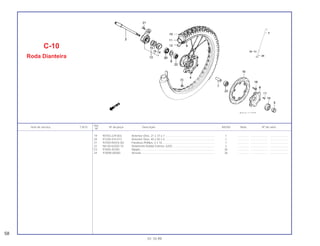 19 90755-229-003 Retentor Óleo, 21 x 37 x 7 ............................................................... 1 .............. ..................... .......................
20 91258-410-013 Retentor Óleo, 40 x 50 x 5 ............................................................... 1 .............. ..................... .......................
21 93700-05016-0G Parafuso Phillips, 5 x 16................................................................... 1 .............. ..................... .......................
22 96140-62020-10 Rolamento Radial Esferas, 6202...................................................... 2 .............. ..................... .......................
*23 97000-45200 Nipple .............................................................................................. 36 .............. ..................... .......................
24 9700W-06500 Arruela ............................................................................................. 36 .............. ..................... .......................
Ref.
Item de serviço T.M.O. Nº da peça Descrição NX350 Nota Nº de série
Nº
C-10
Roda Dianteira
58
01.10.99
 