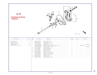 65
Ref.
Item de serviço T.M.O. Nº da peça Descrição NX350 Nota Nº de série
Nº
1 06450-KAS-890 Conj. Sapata, Freio .......................................................................... 1 .............. ..................... .......................
2 40544-KB7-000 Ajustador Dir., Corrente................................................................... 1 .............. ..................... .......................
3 42301-KB7-900 Eixo, Roda Tras................................................................................ 1 .............. ..................... .......................
4 43100-KAS-900 Espelho Comp., Freio Tras .............................................................. 1 .............. ~ VVR010823
43100-KBW-940ZB Espelho Comp., Freio Tras., *NH-1* Preto....................................... 1 .............. WVR00001~
5 43104-MC4-000 Arruela Espelho Freio Tras. ............................................................. 1 .............. ~ VVR010823
6 43141-KAS-900 Came, Freio Tras. ............................................................................ 1 .............. ..................... .......................
7 43145-399-000 Indicador, Desgaste ........................................................................ 1 .............. ..................... .......................
8 43151-329-000 Mola, Sapata Freio........................................................................... 2 .............. ..................... .......................
9 43410-437-630 Braço, Freio Tras. ............................................................................ 1 .............. ..................... .......................
10 45134-KB7-005 Retentor, Came, Freio...................................................................... 2 .............. ..................... .......................
11 45142-KAS-900 Assento, Came, Freio Tras. ............................................................. 1 .............. ..................... .......................
43142-KAS-890 Assento, Came, Freio Tras. ............................................................. 1 .............. ..................... .......................
*12 52162-MA0-000 Limitador, Eixo Tras. ........................................................................ 2 .............. ..................... .......................
13 90301-473-003 Porca U, 6 mm ................................................................................ 1 .............. ..................... .......................
14 95700-06035-00 Parafuso Flange, 6 x 35................................................................... 1 .............. ..................... .......................
C-11
Espelho do Freio
Traseiro
01.10.99
Eixo, Roda Tras....................................................0,3
• Braço, Freio Tras.
Sapata Comp., Freio ............................................0,5
(Uma ou Todas)
Espelho Comp., Freio Tras. .................................0,5
 