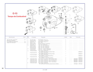 1 16173-001-004 Anel Vedação, 18,6 x 2,4................................................................. 1 .............. ..................... .......................
2 16950-KAS-900 Conj. Registro, Combustível ............................................................ 1 .............. ..................... .......................
3 16958-MA1-731 Anel Vedação, 10,6 x 1,3................................................................. 1 .............. ..................... .......................
4 16959-471-831 Filtro, Copo ...................................................................................... 1 .............. ..................... .......................
5 16965-KAS-900 Alavanca, Registro Combustível...................................................... 1 .............. ..................... .......................
6 16967-MA2-771 Copo, Filtro Combustível ................................................................. 1 .............. ..................... .......................
7 16969-KV2-900 Jogo, Tela, Filtro Combustível ......................................................... 1 .............. ..................... .......................
16952-KAS-900 Jogo, Tela, Filtro Combustível ......................................................... 1 .............. ..................... .......................
16952-MG2-005 Jogo, Tela, Filtro Combustível ......................................................... 1 .............. ..................... .......................
8 17503-KB7-980 Coxim Tras., Tanque Combustível................................................... 1 .............. ..................... .......................
17503-KB7-901 Coxim Tras., Tanque Combustível................................................... 1 .............. ..................... .......................
9 17550-KAS-900ZA Conj. Tanque Combustível,
*NH-196/PB-200* Branco Ross/Azul Dakar.................................. 1 .............. ~ MR006617
17550-KAS-901ZA Conj. Tanque Combustível,
*NH-196/PB-200* Branco Ross/Azul Dakar.................................. 1 .............. ~ MR006617
17550-KAS-900ZB Conj. Tanque Combustível,
*NH-215M/NH-1* Cinza Phantom/Preto........................................ 1 .............. ~ MR006617
17550-KAS-901ZB Conj. Tanque Combustível,
*NH-215M/NH-1* Cinza Phantom/Preto........................................ 1 .............. ~ MR006617
10 17550-KAS-910ZA Conj. Tanque Combustível, *NH-196* Branco Ross........................ 1 .............. MR200001~ NR203407
17550-KAS-911ZA Conj. Tanque Combustível, *NH-196* Branco Ross........................ 1 .............. MR200001~ NR203407
17550-KAS-910ZB Conj. Tanque Combustível, *PB-162* Azul Atessa.......................... 1 .............. MR200001~ NR203407
17550-KAS-911ZB Conj. Tanque Combustível, *PB-162* Azul Atessa.......................... 1 .............. MR200001~ NR203407
11 17550-KAS-920ZA Conj. Tanque Combustível,
*PB-162/PB-242M* Azul Atessa/Azul Asturias Metálico............... 1 .............. PRP00001~ PRP01861
Jogo Tela Filtro Combustível................................0,1
(Inclui Peças Relativas)
Conj. Registro de Combustível ............................0,3
Tanque de Combustível.......................................0,4
Ref.
Item de serviço T.M.O. Nº da peça Descrição NX350 Nota Nº de série
Nº
68
01.10.99
C-13
Tanque de Combustível
 