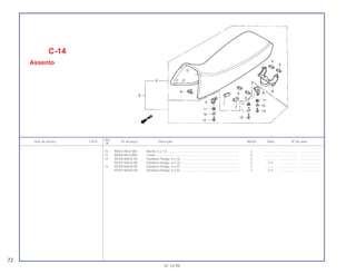 10 90501-MC4-000 Bucha, 6 x 7,5.................................................................................. 3 .............. ..................... .......................
11 90505-MC4-000 Coxim............................................................................................... 4 .............. ..................... .......................
12 95700-06016-00 Parafuso Flange, 6 x 16................................................................... 3 .............. ..................... .......................
95701-06016-00 Parafuso Flange, 6 x 16................................................................... 3 Y-Y ..................... .......................
13 95700-06020-00 Parafuso Flange, 6 x 20................................................................... 1 .............. ..................... .......................
95701-06020-00 Parafuso Flange, 6 x 20 .................................................................. 1 Y-Y ..................... .......................
Ref.
Item de serviço T.M.O. Nº da peça Descrição NX350 Nota Nº de série
Nº
C-14
Assento
72
01.10.99
 