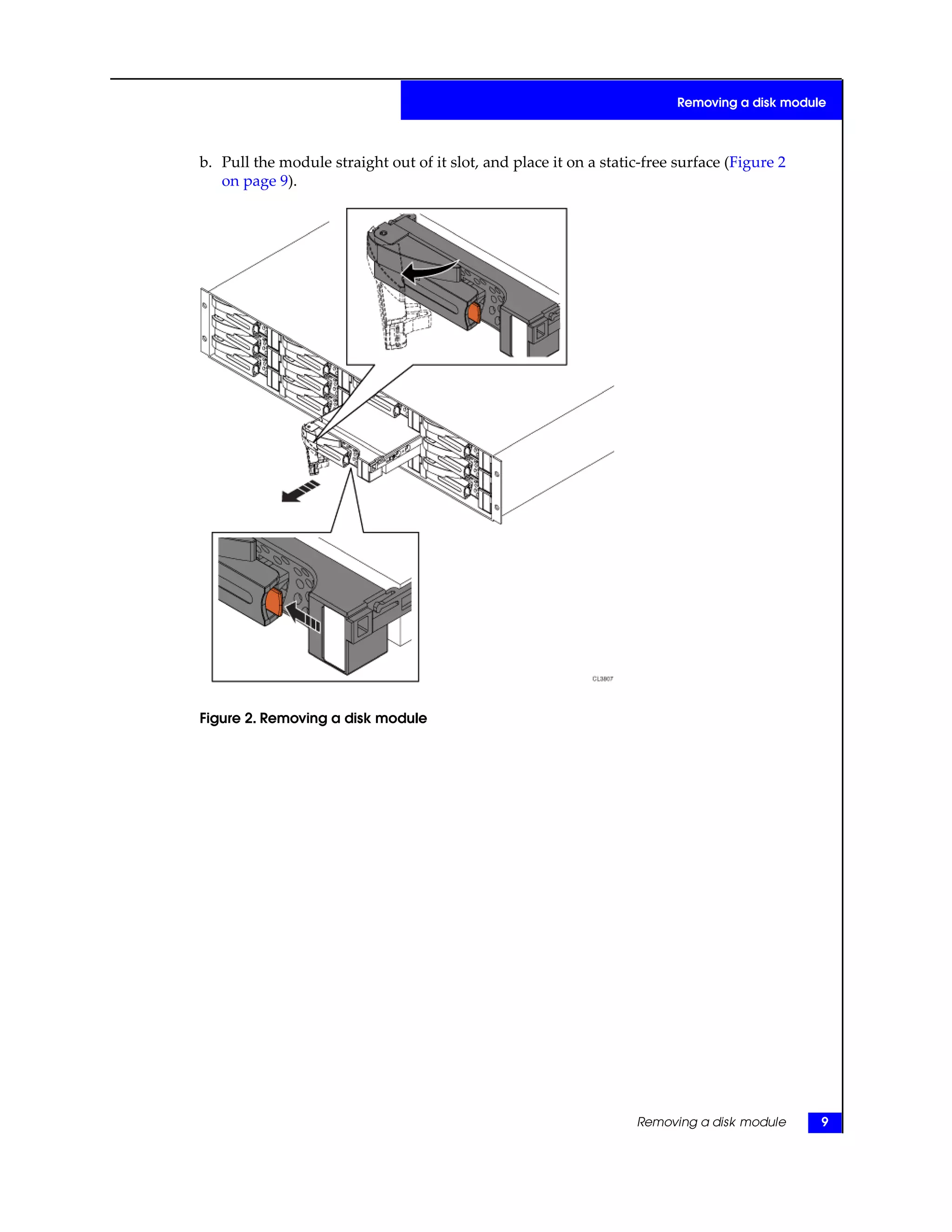 b. Pull the module straight out of it slot, and place it on a static-free surface (Figure 2
on page 9).
Figure 2. Removing a disk module
Removing a disk module 9
Removing a disk module
 