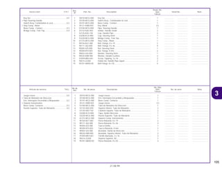 105
21.08.99
No.de
No. Rdo
Articulo de servicio THLL No. de pieza Descripción NX4 No. de serie Nota
Ref.
Falcon
1 35010-MCG-000 Juego Llaves ........................................................................... 1 .................. .................. ..............................
2 35100-MCG-000 Ens. Interruptor Encendido y Bloqueador............................... 1 .................. .................. ..............................
3 35101-MCG-000 Base Comp. Contacto ............................................................. 1 .................. .................. ..............................
4 35121-KW8-920 Juego Llaves ........................................................................... (1) .................. .................. ..............................
5 53100-MCG-000 Tubo de Manúbrio de Direccion ............................................. 1 .................. .................. ..............................
6 53132-KAS-920 Soporte Inferior, Tubo de Manubrio ........................................ 2 .................. .................. ..............................
7 53135-KA3-730 Cubierta Soporte, Tubo de Manubrio...................................... 2 .................. .................. ..............................
8 53208-KCH-900 Tapa, Varilla Direccion ............................................................ 1 .................. .................. ..............................
9 53220-MCG-000 Puente Superior, Tubo de Manúbrio ....................................... 1 .................. .................. ..............................
10 61315-MCG-000 Soporte Comp. Instrumentos .................................................. 1 .................. .................. ..............................
11 90104-MJ1-000 Perno Reborde, 8 x 19 ............................................................ 2 .................. .................. ..............................
12 90111-362-000 Perno Reborde, 8 x 36 ............................................................ 4 .................. .................. ..............................
13 90304-425-000 Tuerca Varilla........................................................................... 1 .................. .................. ..............................
14 90309-KF0-003 Tuerca Reborde, 8 mm ........................................................... 2 .................. .................. ..............................
15 90503-425-000 Arandela, Varilla de Direccion................................................. 1 .................. .................. ..............................
16 90535-KB9-000 Arandela, Soporte Inferior, Tubo de Manubrio........................ 2 .................. .................. ..............................
17 91059-MK4-601 Tornillo Alomado, 3 x 16.......................................................... 3 .................. .................. ..............................
18 95014-22200 Soporte Superior, B2 ............................................................... 2 .................. .................. ..............................
19 95701-08050-00 Perno Reborde, 8 x 50 ............................................................ 4 .................. .................. ..............................
Juego Llaves .........................................................0,5
• Tubo de Manúbrio de Direccion
Ens. Interruptor Encendido y Bloqueador.............0,2
• Soporte Instrumentos
Base Comp. Contacto ...........................................0,3
Puente Superior, Tubo de Manubrio .....................0,4
Ref.
Reqd. No.
Service item F.R.T. Part. No. Description NX4 Serial No. Note
Nº
Falcon
1 35010-MCG-000 Key Set .................................................................................... 1 .................. .................. ..............................
2 35100-MCG-000 Switch Assy., Combination & Lock.......................................... 1 .................. .................. ..............................
3 35101-MCG-000 Base Comp., Contact .............................................................. 1 .................. .................. ..............................
4 35121-KW8-920 Key, Blank ............................................................................... (1) .................. .................. ..............................
5 53100-MCG-000 Pipe, Steering Handle ............................................................. 1 .................. .................. ..............................
6 53132-KAS-920 Holder, Handle Under ............................................................. 2 .................. .................. ..............................
7 53135-KA3-730 Cap, Handle Pipe .................................................................... 2 .................. .................. ..............................
8 53208-KCH-900 Cap, Steering Stem ................................................................. 1 .................. .................. ..............................
9 53220-MCG-000 Bridge Comp., Fork Top.......................................................... 1 .................. .................. ..............................
10 61315-MCG-000 Stay Comp., Meter................................................................... 1 .................. .................. ..............................
11 90104-MJ1-000 Bolt, Flange, 8 x 19.................................................................. 2 .................. .................. ..............................
12 90111-362-000 Bolt, Flange, 8 x 36.................................................................. 4 .................. .................. ..............................
13 90304-425-000 Nut, Steering Stem .................................................................. 1 .................. .................. ..............................
14 90309-KF0-003 Nut, Flange, 8 mm ................................................................... 2 .................. .................. ..............................
15 90503-425-000 Washer, Steering Stem............................................................ 1 .................. .................. ..............................
16 90535-KB9-000 Washer, Handle Cushion......................................................... 2 .................. .................. ..............................
17 91059-MK4-601 Screw, Tapping, 3 x 16 ........................................................... 3 .................. .................. ..............................
18 95014-22200 Holder B2, Handle Pipe Upper ............................................... 2 .................. .................. ..............................
19 95701-08050-00 Bolt Flange, 8 x 50................................................................... 4 .................. .................. ..............................
Key Set ..................................................................0.5
• Pipe Steering Handle
Switch Assy, Combination & Lock.........................0.2
• Stay Comp., Meter
Base Comp., Contact ............................................0.3
Bridge Comp., Fork Top........................................0.4
3
 