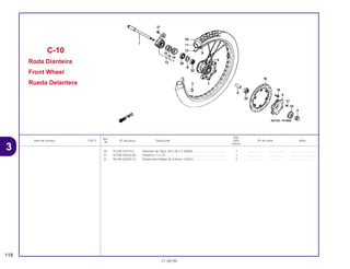 Ref.
Qtd.
Item de serviço T.M.O. Nº da peça Descrição NX4 Nº de série Nota
Nº
Falcon
20 91258-410-013 Retentor de Óleo, 40 x 50 x 5 (ARAI) ...................................... 1 .................. .................. ..............................
21 93700-05016-0G Parafuso, 5 x 16....................................................................... 1 .................. .................. ..............................
22 96140-62020-10 Rolamento Radial de Esferas, 6202U ..................................... 2 .................. .................. ..............................
C-10
Roda Dianteira
Front Wheel
Rueda Delantera
118
21.08.99
3
 