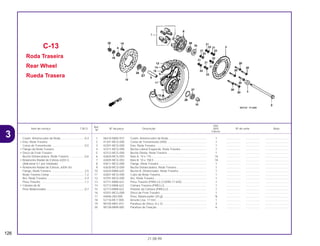 Ref.
Qtd.
Item de serviço T.M.O. Nº da peça Descrição NX4 Nº de série Nota
Nº
Falcon
1 06410-MAN-910 Coxim, Amortecedor da Roda................................................. 1 .................. .................. ..............................
2 41201-MCG-000 Coroa de Transmissão (40D) .................................................. 1 .................. .................. ..............................
3 42301-MCG-000 Eixo, Roda Traseira ................................................................. 1 .................. .................. ..............................
4 42311-MCG-000 Bucha Lateral Esquerda, Roda Traseira ................................. 1 .................. .................. ..............................
5 42312-MCG-000 Bucha Direita, Roda Traseira .................................................. 1 .................. .................. ..............................
6 42604-MCG-003 Raio A, 10 x 175 ...................................................................... 18 .................. .................. ..............................
7 42605-MCG-003 Raio B, 10 x 158,5 ................................................................... 18 .................. .................. ..............................
8 42611-MCG-000 Flange, Roda Traseira ............................................................. 1 .................. .................. ..............................
9 42620-MCG-000 Bucha Distanciadora, Roda Traseira ...................................... 1 .................. .................. ..............................
10 42625-MAN-620 Bucha B, Distanciador, Roda Traseira.................................... 1 .................. .................. ..............................
11 42601-MCG-000 Cubo da Roda Traseira ........................................................... 1 .................. .................. ..............................
12 42701-MCG-000 Aro, Roda Traseira .................................................................. 1 .................. .................. ..............................
13 42711-MAN-622 Pneu Traseiro (PIRELLI) (120/90-17 64S) ............................... 1 .................. .................. ..............................
14 42712-MAN-622 Câmara Traseira (PIRELLI)...................................................... 1 .................. .................. ..............................
15 42713-MAN-622 Protetor da Camara (PIRELLI)................................................. 1 .................. .................. ..............................
16 43251-MCG-000 Disco de Freio Traseiro ........................................................... 1 .................. .................. ..............................
17 44606-283-000 Peso, Balanceador (20 g) ....................................................... N .................. .................. ..............................
18 52116-MC7-000 Arruela Lisa, 17 mm ................................................................ 1 .................. .................. ..............................
19 90105-MK5-010 Parafuso do Disco, 8 x 22 ....................................................... 4 .................. .................. ..............................
20 90128-MM9-000 Parafuso de Fixação................................................................ 6 .................. .................. ..............................
C-13
Roda Traseira
Rear Wheel
Rueda Trasera
126
21.08.99
Coxim, Amortecedor da Roda...............................0,4
• Eixo, Roda Traseira
Coroa de Transmissão ..........................................0,5
• Flange da Roda Traseira
• Disco de Freio Traseiro
Bucha Distanciadora, Roda Traseira ....................0,6
• Rolamento Radial de Esferas 6203 U
(Adicionar 0,1 por Unidade)
• Rolamento Radial de Esferas, 6204 UU
Flange, Roda Traseira ...........................................2,5
Roda Traseira Comp .............................................1,2
Aro, Roda Traseira.................................................2,4
Pneu Traseiro.........................................................1,1
• Câmara de Ar
Peso Balanceador .................................................0,7
3
 