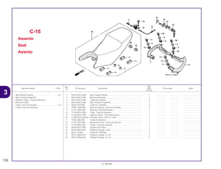 Ref.
Qtd.
Item de serviço T.M.O. Nº da peça Descrição NX4 Nº de série Nota
Nº
Falcon
1 50315-MCG-000 Alça Traseira Direita ................................................................ 1 .................. .................. ..............................
2 50316-MCG-000 Bucha de Fixação ................................................................... 4 .................. .................. ..............................
3 50317-MCG-000 Coxim de Fixação.................................................................... 4 .................. .................. ..............................
4 50325-MCG-000 Alça Traseira Esquerda........................................................... 1 .................. .................. ..............................
5 50354-434-000 Coxim B, Limitador .................................................................. 4 .................. .................. ..............................
6 75581-GN8-920 Mola de Fixação, Trava do Assento........................................ 1 .................. .................. ..............................
7 77151-KW3-000 Mola da Trava do Assento ...................................................... 1 .................. .................. ..............................
8 77156-MCG-000 Cabo, Trava do Assento.......................................................... 1 .................. .................. ..............................
9 77160-MCG-000 Suporte Comp., Trava do Assento .......................................... 1 .................. .................. ..............................
10 77200-MCG-000ZA Assento Comp. *NH-1L* Preto ................................................ 1 .................. .................. ..............................
11 77205-286-000 Coxim B, Assento .................................................................... 4 .................. .................. ..............................
12 77231-KM1-000 Bucha da Chave, Trava do Assento ....................................... 1 .................. .................. ..............................
13 77239-MZ0-000 Chave, Trava do Assento ........................................................ 1 .................. .................. ..............................
14 80206-MCG-000 Suporte da Chave ................................................................... 1 .................. .................. ..............................
15 90106-MAZ-000 Parafuso Flange, 6 mm ........................................................... 2 .................. .................. ..............................
16 95011-61000 Coxim B, Limitador .................................................................. 2 .................. .................. ..............................
17 95701-08020-00 Parafuso Flange, 8 x 20........................................................... 2 .................. .................. ..............................
18 95701-08025-00 Parafuso Flange, 8 x 25........................................................... 4 .................. .................. ..............................
C-15
Assento
Seat
Asiento
132
21.08.99
Alça Direita Traseira ..............................................0,1
• Alça Traseira Esquerda
• Suporte Comp., Trava do Assento
• Assento Comp.
Cabo, Trava do Assento........................................0,3
• Chave, Trava do Assento
3
 