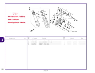 Ref.
Qtd.
Item de serviço T.M.O. Nº da peça Descrição NX4 Nº de série Nota
Nº
Falcon
21 91071-MY1-005 Rolamento de Agulhas, 17 x 24 x 17 ...................................... 1 .................. .................. ..............................
22 91072-MY1-005 Rolamento de Agulhas, 20 x 26 x 20 ...................................... 3 .................. .................. ..............................
23 91254-KS6-005 Vedador, 20 x 26 x 5 (NOK) .................................................... 4 .................. .................. ..............................
24 91262-KV3-831 Vedador, 17 x 24 x 5 (ARAI).................................................... 4 .................. .................. ..............................
C-23
Amortecedor Traseiro
Rear Cushion
Amortiguador Trasero
154
21.08.99
3
 