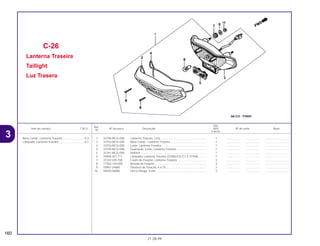 Ref.
Qtd.
Item de serviço T.M.O. Nº da peça Descrição NX4 Nº de série Nota
Nº
Falcon
1 33700-MCG-000 Lanterna Traseira, Conj ........................................................... 1 .................. .................. ..............................
2 33703-MCG-000 Base Comp., Lanterna Traseira .............................................. 1 .................. .................. ..............................
3 33704-MCG-000 Lente, Lanterna Traseira ......................................................... 1 .................. .................. ..............................
4 33705-MCG-000 Guarnição, Lente, Lanterna Traseira....................................... 1 .................. .................. ..............................
5 33741-MCG-000 Refletor .................................................................................... 1 .................. .................. ..............................
6 34906-447-711 Lâmpada, Lanterna Traseira (STANLEY) (12 V 21/5W) .......... 1 .................. .................. ..............................
7 37242-435-700 Coxim de Fixação, Lanterna Traseira ..................................... 3 .................. .................. ..............................
8 77302-124-000 Arruela de Fixação .................................................................. 3 .................. .................. ..............................
9 93901-24680 Parafuso de Fixação, 4 x 25.................................................... 2 .................. .................. ..............................
10 94050-06080 Porca Flange, 6 mm ................................................................ 3 .................. .................. ..............................
C-26
Lanterna Traseira
Taillight
Luz Trasera
160
21.08.99
Base Comp., Lanterna Traseira.............................0,3
Lâmpada, Lanterna Traseira .................................0,1
3
 
