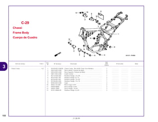 Ref.
Qtd.
Item de serviço T.M.O. Nº da peça Descrição NX4 Nº de série Nota
Nº
Falcon
1 50100-MCG-000ZA Chassi Comp. *NH-262M* Prata Terra Metálico ..................... 1 .................. .................. ..............................
2 50533-MCG-000 Placa Inferior, Fixação do Motor ............................................. 2 .................. .................. ..............................
3 50534-MCG-000 Placa Superior, Fixação do Motor ........................................... 2 .................. .................. ..............................
4 50811-MCG-000 Coxim Central.......................................................................... 1 .................. .................. ..............................
5 90115-KW3-000 Parafuso Flange, 10 x 98......................................................... 1 .................. .................. ..............................
6 90154-KB7-700 Parafuso Flange, 8 x 73........................................................... 2 .................. .................. ..............................
7 90156-KB7-940 Parafuso Flange, 10 x 60......................................................... 1 .................. .................. ..............................
8 90158-MG3-000 Parafuso Flange, 10 x 70......................................................... 1 .................. .................. ..............................
9 90302-MCG-000 Capa........................................................................................ 2 .................. .................. ..............................
10 90443-107-000 Porca Cega, 8 mm .................................................................. 2 .................. .................. ..............................
11 94050-08000 Porca Flange, 8 mm ................................................................ 2 .................. .................. ..............................
12 94050-10000 Porca Flange, 10 mm .............................................................. 3 .................. .................. ..............................
13 95701-08060-00 Parafuso Flange, 8 x 60........................................................... 2 .................. .................. ..............................
C-29
Chassi
Frame Body
Cuerpo de Cuadro
168
21.08.99
Chassi Comp........................................................*6,2
3
 