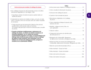 27
21.08.99
1
• Este catálogo de piezas ha sido preparado en base a la última
información disponible el 21 de August, 1999.
• Especifique siempre el número de pieza cuando realice un
pedido de piezas.
• Compruebe los números de modelo, de tipo, y de serie, el color,
marca, y tamaño como sea necesario antes de realizar el pedido
de una pieza.
• Tenga presente que las ilustraciones (planos de las piezas)
pueden diferir de las piezas reales en su forma.
Se incluyen sólo para que le sirvan de referencia para consultar
las piezas.
• Cuando se efectúen modificaciones o adiciones en el
catálogo de piezas, se editará una edición revisada en el
momento apropiado, con un número de revisión
sucesivamente progresivo en la tapa. Le recomendamos que
obtenga estas revisiones para mantener al día su catálogo
de piezas en todo momento. Para comprobar si se ha
editado una revisión del catálogo de partes, póngase en
contacto con su distribuidor HONDA.
Índice
• Instrucciones para emplear el catálogo de piezas .................... 27
• Cómo consultar la información de piezas .................................. 28
• Estructura del catálogo de piezas.............................................. 29
• Cuando se han revisado las piezas ........................................... 30
• Abreviaturas empleadas en el catálogo
de piezas .................................................................................... 30
• Cómo comprobar el bloque de piezas y los
números de serie........................................................................ 31
• Modelos, códigos de área y Nos. de
serie aplicables .......................................................................... 31
• Tabla de colores......................................................................... 32
• Composición del número de identificación
del vehículo (N.I.V.) .................................................................... 34
• Mangueras de Combustible, Mangueras
de Aplicaciones Generales y Mangueras de Vinilo ................... 35
• Número de Parte sin envasar de la Manguera de
Combustible, Aplicaciones Generales, Mangueras de Vinilo .... 37
• Modo de usar la tarifa horaria llana (THLL) .................................. 38
• Índice ilustrado – Grupo de motor.............................................. 40
• Índice ilustrado – Grupo de bastidor.......................................... 42
• Índice del número de la pieza....................................................182
• Índice del nombre de la pieza....................................................205
Instrucciones para emplear el catálogo de piezas
 