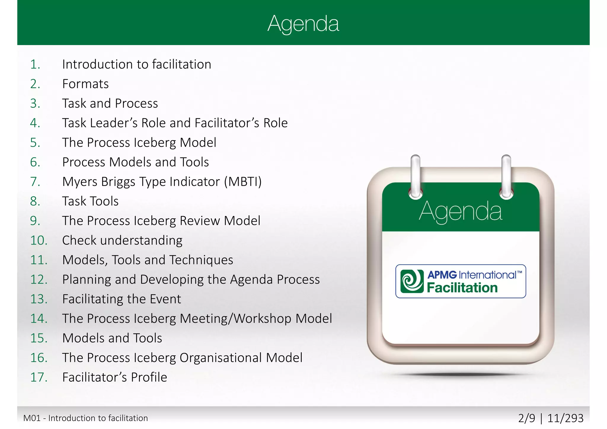 1. Introduction to facilitation
2. Formats
3. Task and Process
4. Task Leader’s Role and Facilitator’s Role
5. The Process Iceberg Model
6. Process Models and Tools
7. Myers Briggs Type Indicator (MBTI)
8. Task Tools
9. The Process Iceberg Review Model
10. Check understanding
11. Models, Tools and Techniques
12. Planning and Developing the Agenda Process
13. Facilitating the Event
14. The Process Iceberg Meeting/Workshop Model
15. Models and Tools
16. The Process Iceberg Organisational Model
17. Facilitator’s Profile
M01 - Introduction to facilitation 2/9 | 11/293
 