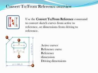 Convert To/From Reference overview
Use the Convert To/From Reference command
to convert sketch curves from active to
reference, or dimensions from driving to
reference.
Active curves
Reference curve
Reference
dimension
Driving dimensions
 