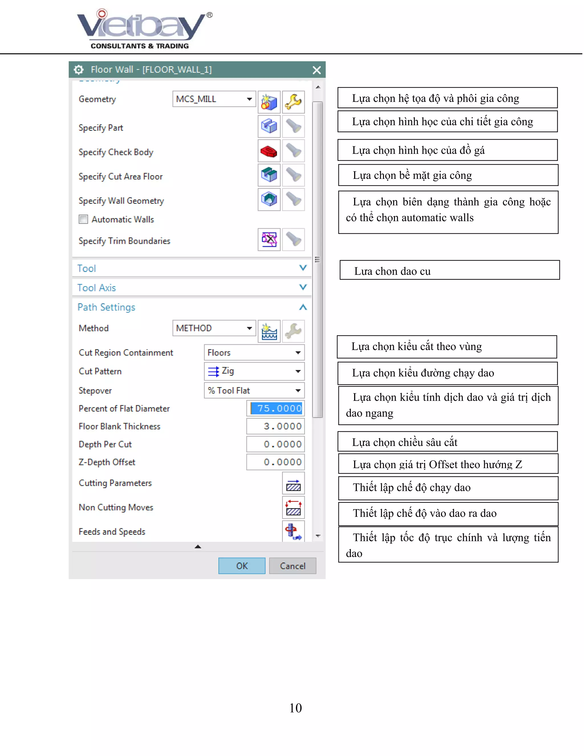 10
Lựa chọn hình học của chi tiết gia công
Lựa chọn hệ tọa độ và phôi gia công
Lựa chọn hình học của đồ gá
Lựa chọn bề mặt gia công
Lựa chọn biên dạng thành gia công hoặc
có thể chọn automatic walls
Lựa chọn dao cụ
Lựa chọn kiểu cắt theo vùng
Lựa chọn kiểu đường chạy dao
Lựa chọn kiểu tính dịch dao và giá trị dịch
dao ngang
Lựa chọn chiều sâu cắt
Lựa chọn giá trị Offset theo hướng Z
Thiết lập chế độ chạy dao
Thiết lập chế độ vào dao ra dao
Thiết lập tốc độ trục chính và lượng tiến
dao
 
