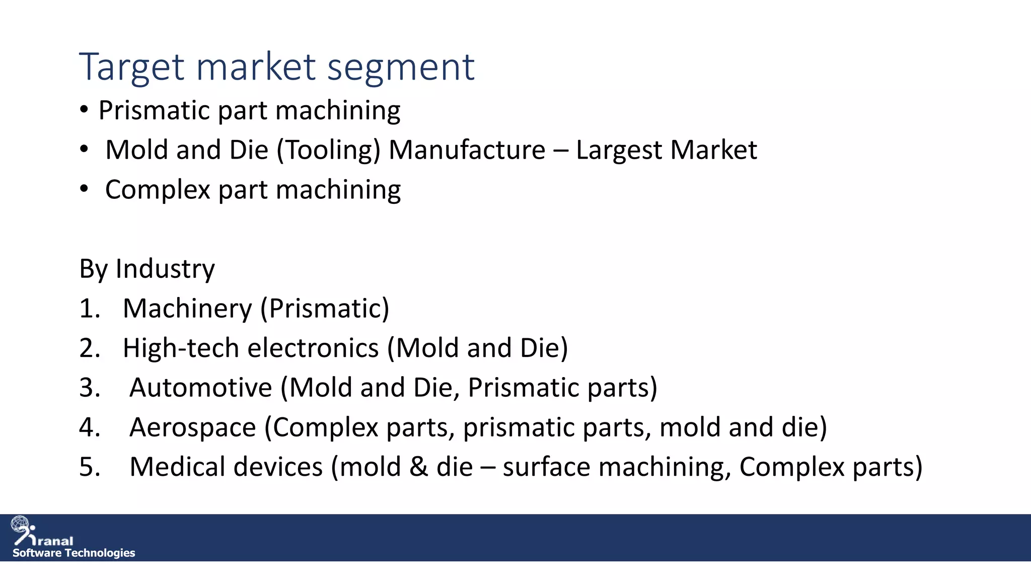 Software Technologies
Target market segment
• Prismatic part machining
• Mold and Die (Tooling) Manufacture – Largest Market
• Complex part machining
By Industry
1. Machinery (Prismatic)
2. High-tech electronics (Mold and Die)
3. Automotive (Mold and Die, Prismatic parts)
4. Aerospace (Complex parts, prismatic parts, mold and die)
5. Medical devices (mold & die – surface machining, Complex parts)
 