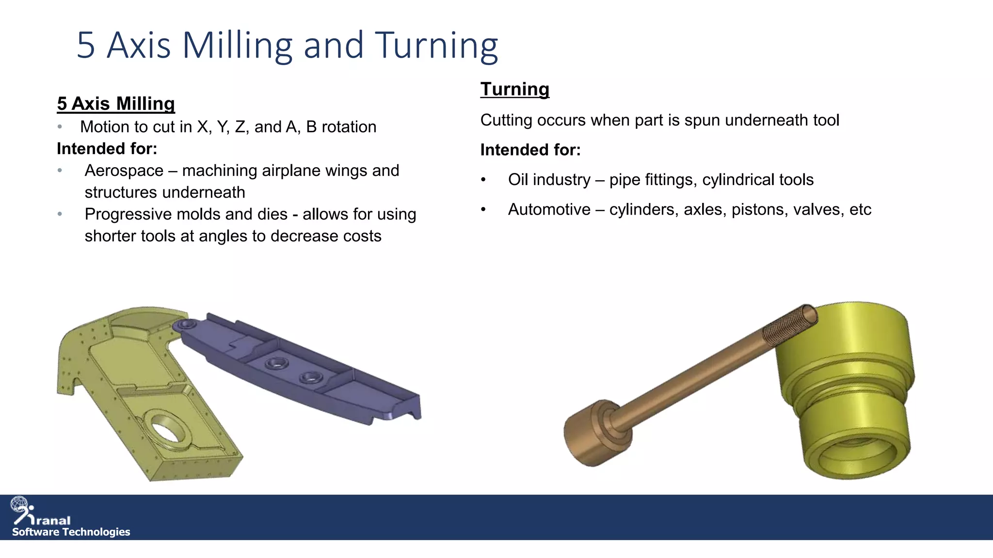 Software Technologies
5 Axis Milling and Turning
5 Axis Milling
• Motion to cut in X, Y, Z, and A, B rotation
Intended for:
• Aerospace – machining airplane wings and
structures underneath
• Progressive molds and dies - allows for using
shorter tools at angles to decrease costs
Turning
Cutting occurs when part is spun underneath tool
Intended for:
• Oil industry – pipe fittings, cylindrical tools
• Automotive – cylinders, axles, pistons, valves, etc
 