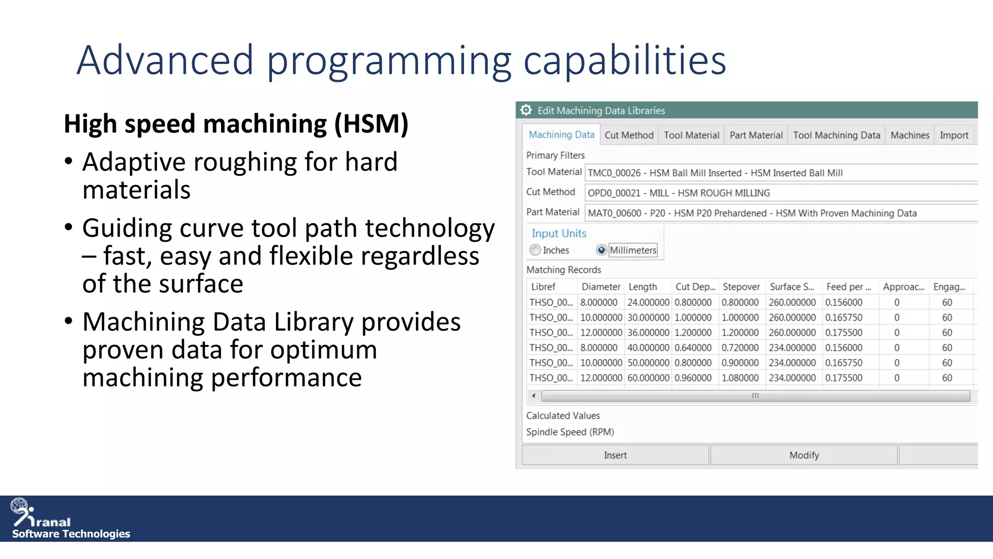 Software Technologies
Advanced programming capabilities
High speed machining (HSM)
• Adaptive roughing for hard
materials
• Guiding curve tool path technology
– fast, easy and flexible regardless
of the surface
• Machining Data Library provides
proven data for optimum
machining performance
 