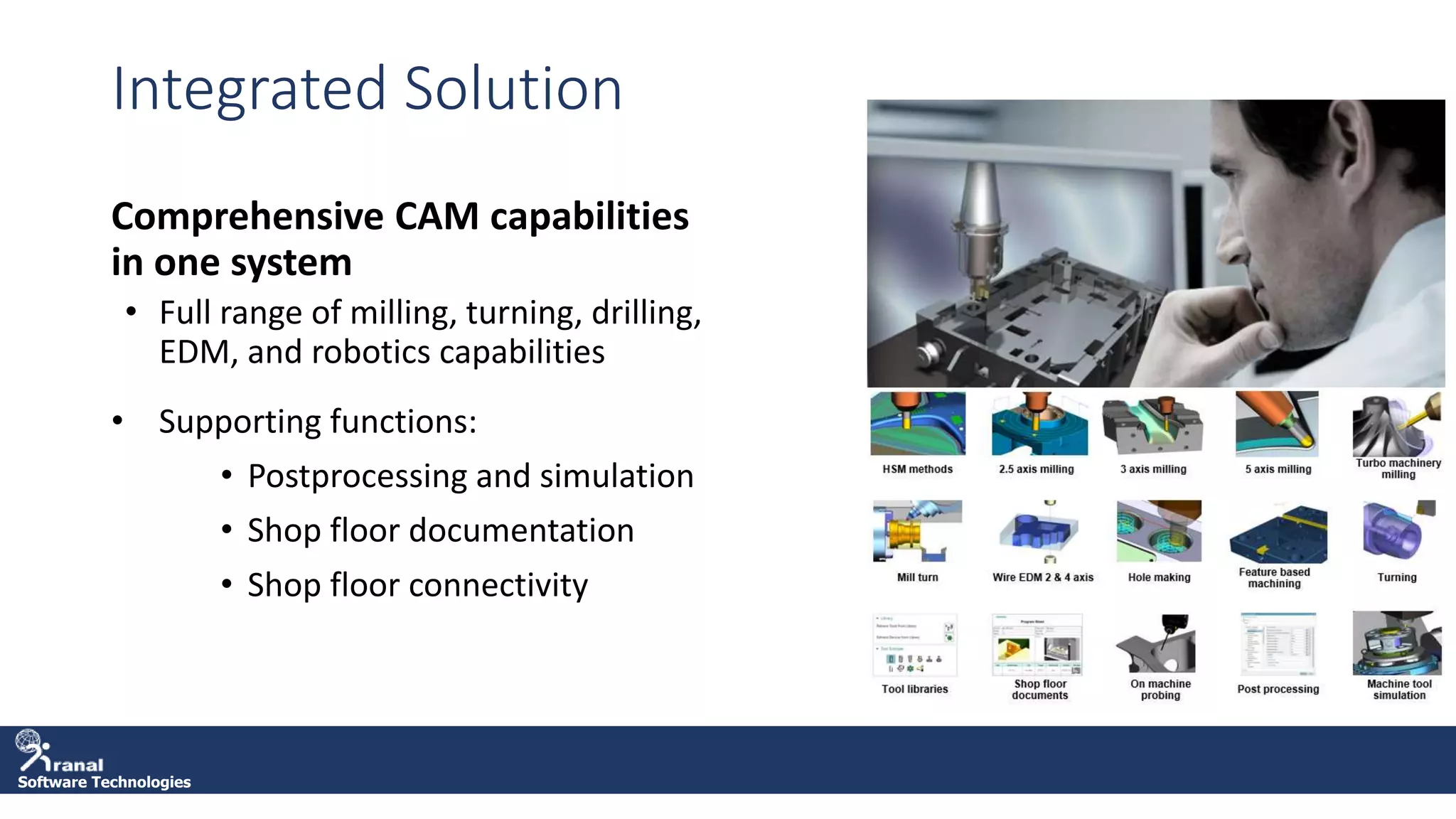 Software Technologies
Integrated Solution
Comprehensive CAM capabilities
in one system
• Full range of milling, turning, drilling,
EDM, and robotics capabilities
• Supporting functions:
• Postprocessing and simulation
• Shop floor documentation
• Shop floor connectivity
 
