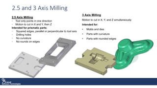 Software Technologies
2.5 and 3 Axis Milling
2.5 Axis Milling
• Tool only points in one direction
• Motion to cut in X and Y, then Z
Intended for prismatic parts:
• Squared edges, parallel or perpendicular to tool axis
• Drilling holes
• No curvature
• No rounds on edges
3 Axis Milling
Motion to cut in X, Y, and Z simultaneously
Intended for:
• Molds and dies
• Parts with curvature
• Parts with rounded edges
 