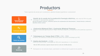 Gestió de la venda de la producció d'energia elèctrica, amb més del 40% de quota
d'energia FV representada, aportant:
Serveis de gestió continua | Distintes opcions de compensació de desviaments | Venda Directa o Indirecta
Beneficis efecte cartera
Representació
en el mercat
Productors
Contracte Bilateral
Contracte Bilateral Físic | Contracte Bilateral Financer
Destinat a empreses generadores en Règim Retributiu Específic, principalment amb potències superiors a
1MW.
Centre de Control
Telemesura en Temps Real (TTR) 1 MW - 5MW
El servei TTR s'efectua a través del seu propi Centre de Control homologat per REE.
Centre de Control > 5 MW
Centre de Control propi i homologat per REE amb redundància n+1 de sistemes
Tota la gamma de serveis per a productors, aportant àmplia experiència i coneixement
21
Participació en els mercats d'ajust, optimitzant la retribució per la gestió de les plantes.
Balancing
Més de 500 contractes vigents donant servei a més de 10.500 plantes.
 
