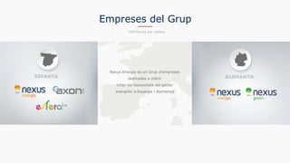 Nexus Energía és un Grup d'empreses
dedicades a cobrir
totes les necessitats del sector
energètic a Espanya i Alemanya
Distribució per països
Empreses del Grup
 