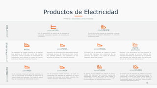 15
Productos de Electricidad
PYMES y Grandes Consumidores
precioFIJOprecioVARIABLEprecioMIXTO
smartCLICK
El precio de la energía se indexa al precio
horario del mercado, permitiendo cierres de
posiciones (Clicks) en OMIP para pasar a
precio fijo un porcentaje de la energía
consumida para un periodo determinado.
Requiere telemedida horaria.
precioFIJO
Con el precioFIJO el precio de la energía se
mantiene invariable durante el contrato de
suministro.
multiCLICK
Precio fijo que el cliente se construye a través
de cierres de posición (Clicks) en el mercado
de futuros OMIP.
POOL
Se trasladan los costes horarios de la energía
que publica el O.S. así como los costes
regulados, siendo necesaria la realización de
previsiones para calcular el coste del desvío
individual. Requiere temeridad horaria.
passPOOL
Permite a un suministro sin telemedida horaria
indexarse al precio de mercado en valor medio
por periodo tarifario, con cobertura de los
servicios de ajuste y sin coste de desvíos.
smartPOOL
El precio de la energía se indexa al precio
horario de mercado, con cobertura de los
servicios de ajuste y sin coste de desvíos.
Requiere temeridad horaria.
Permite a los suministros en baja tensión la
compra de energía al precio horario del
mercado mediante la aplicación de los perfiles
del Operador del Sistema sobre los cierres de
lectura de la Empresa Distribuidora.
PVPC 
perfilado
passCLICK
El precio de la energía se indexa al precio
medio del mercado, permitiendo cierres de
posiciones (Clicks) en OMIP para pasar a
precio fijo un porcentaje de la energía
consumida para un periodo determinado.
passMIX
Es el producto mixto por periodo tarifario, en
que un porcentaje de energía se adquiere al
precio medio de mercado y el resto a precio
fijo, sin necesidad de telemedida horaria.
smartMIX
Es el producto mixto horario, en que un
porcentaje de energía se adquiere al precio
horario de mercado y el resto a precio fijo,
siendo necesaria telemedida horaria.
 