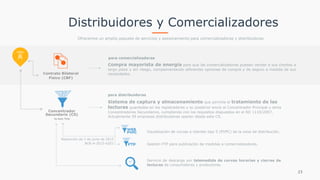 para comercializadoras
para distribuidoras
23
Distribuidores y Comercializadores
Ofrecemos un amplio paquete de servicios y asesoramiento para comercializadoras y distribuidoras
Compra mayorista de energía para que las comercializadoras puedan vender a sus clientes a
largo plazo y sin riesgo, complementando diferentes opciones de compra y de seguro a medida de sus
necesidades.Contrato Bilateral
Físico (CBF)
Concentrador
Secundario (CS)
Sistema de captura y almacenamiento que permite el tratamiento de las
lecturas guardadas en los registradores y su posterior envío al Concentrador Principal u otros
Concentradores Secundarios, cumpliendo con los requisitos dispuestos en el RD 1110/2007.  
Actualmente 39 empresas distribuidoras operan desde este CS.
by Axon Time
FTP
WEB
PVPC Visualización de curvas a clientes tipo 5 (PVPC) de la zona de distribución.
Gestión FTP para publicación de medidas a comercializadores.
Resolución de 2 de junio de 2015
BOE-A-2015-6203
Servicio de descarga por telemedida de curvas horarias y cierres de
lecturas de consumidores y productores.
 