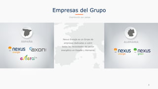 Nexus Energía es un Grupo de
empresas dedicadas a cubrir  
todas las necesidades del sector
energético en España y Alemania.
Distribución por países
ESPAÑA ALEMANIA
Empresas del Grupo
3
 