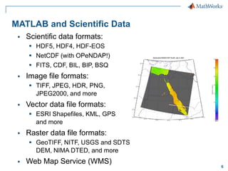 MATLAB and Scientific Data


Scientific data formats:
 HDF5, HDF4, HDF-EOS
 NetCDF (with OPeNDAP!)
 FITS, CDF, BIL, BIP, BSQ



Image file formats:
 TIFF, JPEG, HDR, PNG,
JPEG2000, and more



Vector data file formats:
 ESRI Shapefiles, KML, GPS
and more



Raster data file formats:
 GeoTIFF, NITF, USGS and SDTS
DEM, NIMA DTED, and more



Web Map Service (WMS)

6

 
