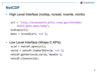 NetCDF


High Level Interface (ncdisp, ncread, ncwrite, ncinfo)
url = 'http://oceanwatch.pifsc.noaa.gov/thredds/
dodsC/goes-poes/2day’;
ncdisp(url);
data = ncread(url,'sst');



Low Level Interface (Wraps C APIs)
ncid = netcdf.open(url);
varid = netcdf.inqVarID(ncid,'sst');
netcdf.getVar(ncid,varid,'double');
netcdf.close(ncid);

8

 
