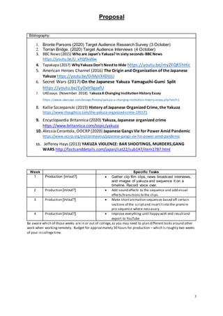 Proposal
3
Bibliography:
1. Bronte Parsons (2020) Target Audience Research Survey (3 October)
2. Torran Bridge. (2020) Target Audience Interviews (4 October)
3. BBC News(2015) Who are Japan’s Yakuza? In sixty seconds-BBCNews
https://youtu.be/U_xPQf3vd6w
4. Tapakapa (2017) WhyYakuza Don’t Needto Hide https://youtu.be/my2FQK5hHic
5. American Heroes Channel (2016) The Origin and Organization of the Japanese
Yakuza https://youtu.be/OiMyVX4DUjU
6. Secret Wars (2017) On the Japanese Yakuza Yamaguchi-Gumi Split
https://youtu.be/EyOxH9gaxfU
7. UKEssays. (November 2018). YakuzaA Changing Institution History Essay
https://www.ukessays.com/essays/history/yakuza-a-changing-institution-history-essay.php?vref=1
8. Kallie Szczepanski (2019) History of Japanese Organized Crime, the Yakuza
https://www.thoughtco.com/the-yakuza-organized-crime-195571
9. Encyclopaedia Britannica (2020) Yakuza, Japanese organized crime
https://www.britannica.com/topic/yakuza
10. Alessia Cerantola, OOCRP (2020) Japanese Gangs Vie for Power Amid Pandemic
https://www.occrp.org/en/coronavirus/japanese-gangs-vie-for-power-amid-pandemic
11. Jefferey Hays (2013) YAKUZA VIOLENCE: BAR SHOOTINGS, MURDERS,GANG
WARS http://factsanddetails.com/japan/cat22/sub147/item1787.html
Week Specific Tasks
1 Production [in/out?]  Gather clip film clips, news broadcast interviews,
and images of yakuza and sequence it on a
timeline. Record voice over.
2 Production [in/out?]  Add sound effects to the sequence and add visual
effects/transitions to the clips.
3 Production [in/out?]  Make shortanimation sequences based off certain
sections of the scriptand insertitinto the premire
pro sequence where nessasary
4 Production [in/out?]  Improve everything until happy with end resultand
export to YouTube
Be aware which of those weeks are in or out of college,as you may need to plan different tasks around other
work when workingremotely. Budget for approximately 30 hours for production – which is roughly two weeks
of your in collegetime.
 