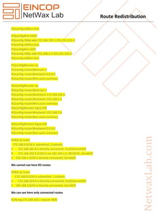 Route Redistribution
R2(config-of)#no shut
R3(config)#int fa0/0
R3(config-if)#ip add 172.168.103.1 255.255.255.0
R3(config-of)#no shut
R3(config)#int s0/0
R3(config-if)#ip add 192.168.2.2 255.255.255.0
R3(config-of)#no shut
R1(config)#router rip
R1(config-router)#version 2
R1(config-router)#network 0.0.0.0
R1(config-router)#no auto-summary
R2(config)#router rip
R2(config-router)#version 2
R2(config-router)#network 172.168.102.0
R2(config-router)#network 192.168.1.0
R2(config-router)#no auto-summary
R2(config)#router Eigrp 100
R2(config-router)#network 192.168.2.0
R2(config-router)#no auto-summary
R3(config)#router Eigrp 100
R3(config-router)#network 0.0.0.0
R3(config-router)#no auto-summary
R1#sh ip route
172.168.0.0/24 is subnetted, 2 subnets
C 172.168.101.0 is directly connected, FastEthernet0/0
R 172.168.102.0 [120/1] via 192.168.1.2, 00:00:01, Serial0/0
C 192.168.1.0/24 is directly connected, Serial0/0
We cannot see here R3 routes
R3#sh ip route
172.168.0.0/24 is subnetted, 1 subnets
C 172.168.103.0 is directly connected, FastEthernet0/0
C 192.168.2.0/24 is directly connected, Serial0/0
We can see here only connected routes
R1#ping 172.168.103.1 repeat 1000
 