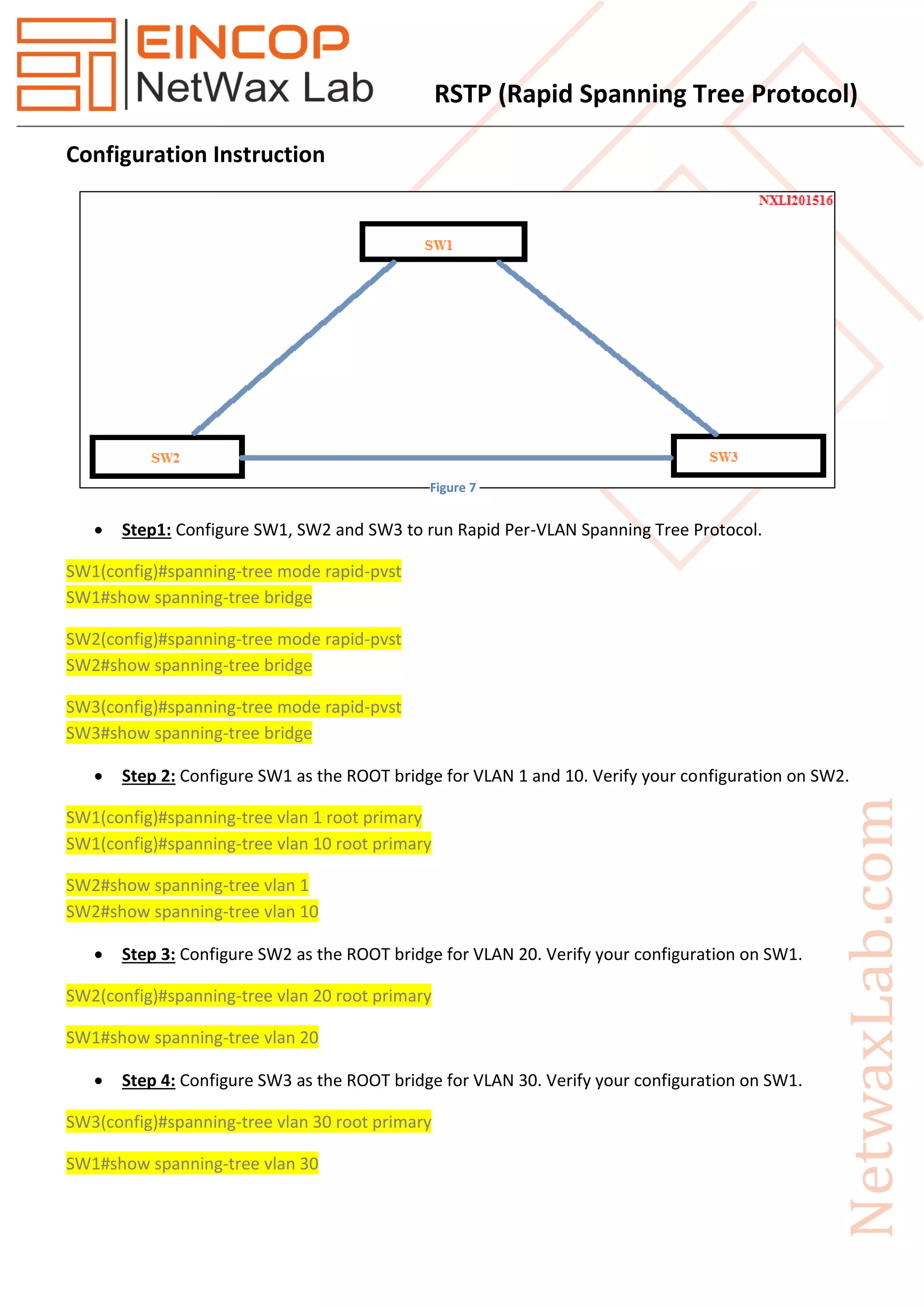 RSTP (Rapid Spanning Tree Protocol)
Configuration Instruction
 Step1: Configure SW1, SW2 and SW3 to run Rapid Per-VLAN Spanning Tree Protocol.
SW1(config)#spanning-tree mode rapid-pvst
SW1#show spanning-tree bridge
SW2(config)#spanning-tree mode rapid-pvst
SW2#show spanning-tree bridge
SW3(config)#spanning-tree mode rapid-pvst
SW3#show spanning-tree bridge
 Step 2: Configure SW1 as the ROOT bridge for VLAN 1 and 10. Verify your configuration on SW2.
SW1(config)#spanning-tree vlan 1 root primary
SW1(config)#spanning-tree vlan 10 root primary
SW2#show spanning-tree vlan 1
SW2#show spanning-tree vlan 10
 Step 3: Configure SW2 as the ROOT bridge for VLAN 20. Verify your configuration on SW1.
SW2(config)#spanning-tree vlan 20 root primary
SW1#show spanning-tree vlan 20
 Step 4: Configure SW3 as the ROOT bridge for VLAN 30. Verify your configuration on SW1.
SW3(config)#spanning-tree vlan 30 root primary
SW1#show spanning-tree vlan 30
Figure 7
 