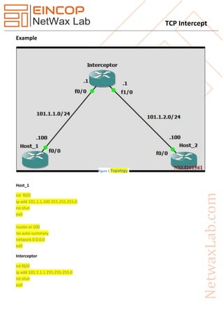 TCP Intercept
Example
Host_1
int f0/0
ip add 101.1.1.100 255.255.255.0
no shut
exit
router ei 100
no auto-summary
network 0.0.0.0
exit
Interceptor
int f0/0
ip add 101.1.1.1 255.255.255.0
no shut
exit
Figure 1 Topology
 