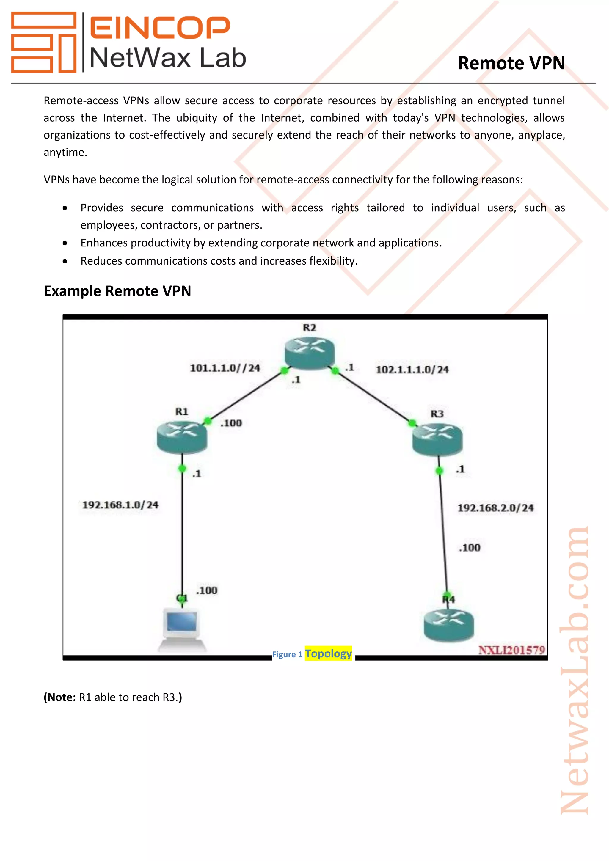 Remote VPN
Remote-access VPNs allow secure access to corporate resources by establishing an encrypted tunnel
across the Internet. The ubiquity of the Internet, combined with today's VPN technologies, allows
organizations to cost-effectively and securely extend the reach of their networks to anyone, anyplace,
anytime.
VPNs have become the logical solution for remote-access connectivity for the following reasons:
Provides secure communications with access rights tailored to individual users, such as
employees, contractors, or partners.
Enhances productivity by extending corporate network and applications.
Reduces communications costs and increases flexibility.
Example Remote VPN
(Note: R1 able to reach R3.)
Figure 1 Topology