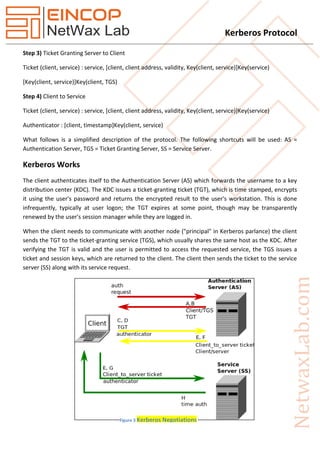 Kerberos Protocol
Step 3) Ticket Granting Server to Client
Ticket (client, service) : service, [client, client address, validity, Key(client, service)]Key(service)
[Key(client, service)]Key(client, TGS)
Step 4) Client to Service
Ticket (client, service) : service, [client, client address, validity, Key(client, service)]Key(service)
Authenticator : [client, timestamp]Key(client, service)
What follows is a simplified description of the protocol. The following shortcuts will be used: AS =
Authentication Server, TGS = Ticket Granting Server, SS = Service Server.
Kerberos Works
The client authenticates itself to the Authentication Server (AS) which forwards the username to a key
distribution center (KDC). The KDC issues a ticket-granting ticket (TGT), which is time stamped, encrypts
it using the user's password and returns the encrypted result to the user's workstation. This is done
infrequently, typically at user logon; the TGT expires at some point, though may be transparently
renewed by the user's session manager while they are logged in.
When the client needs to communicate with another node ("principal" in Kerberos parlance) the client
sends the TGT to the ticket-granting service (TGS), which usually shares the same host as the KDC. After
verifying the TGT is valid and the user is permitted to access the requested service, the TGS issues a
ticket and session keys, which are returned to the client. The client then sends the ticket to the service
server (SS) along with its service request.
Figure 3 Kerberos Negotiations
 