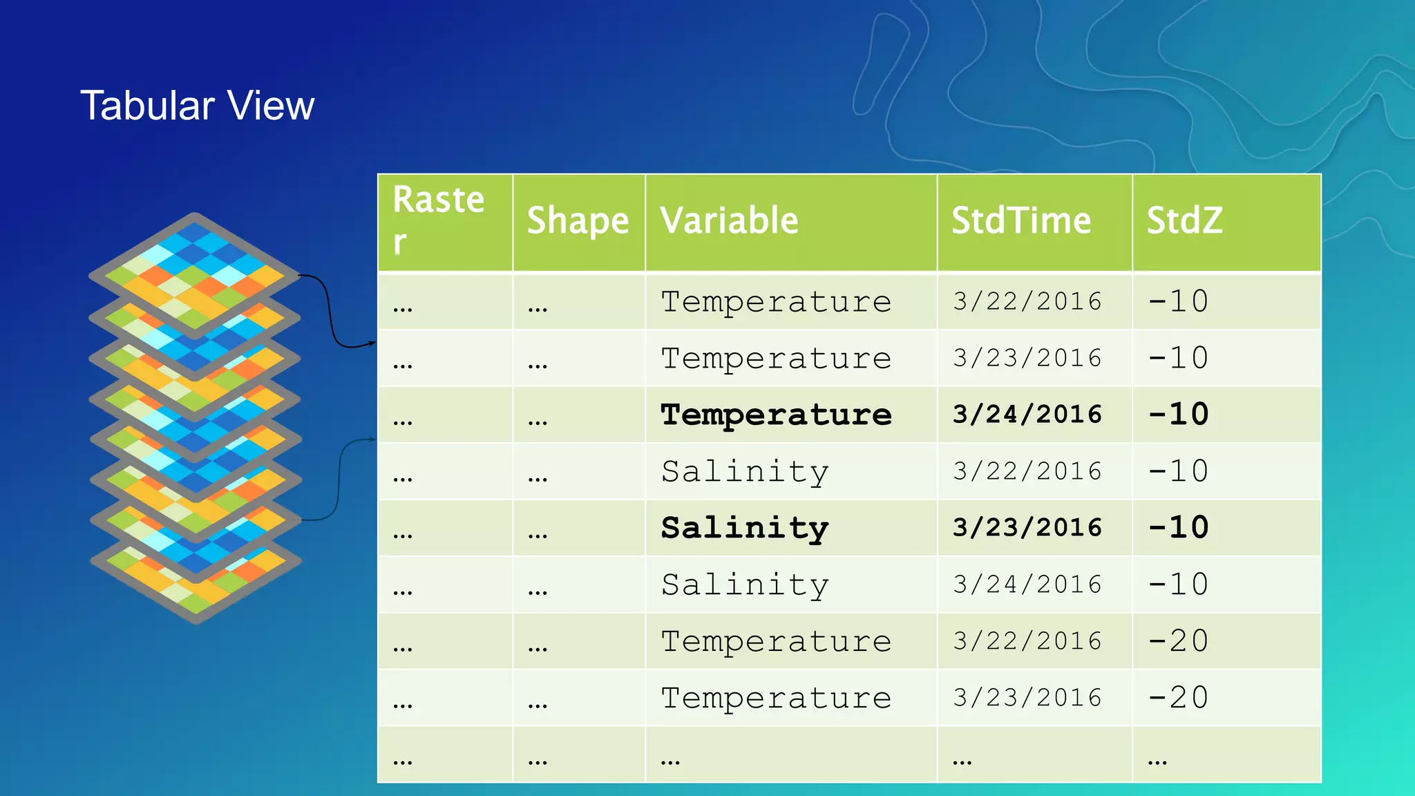 Tabular View
Tabular view of items in a multivariate multidimensional mosaic dataset
Raste
r
Shape Variable StdTime StdZ
… … Temperature 3/22/2016 -10
… … Temperature 3/23/2016 -10
… … Temperature 3/24/2016 -10
… … Salinity 3/22/2016 -10
… … Salinity 3/23/2016 -10
… … Salinity 3/24/2016 -10
… … Temperature 3/22/2016 -20
… … Temperature 3/23/2016 -20
… … … … …
 