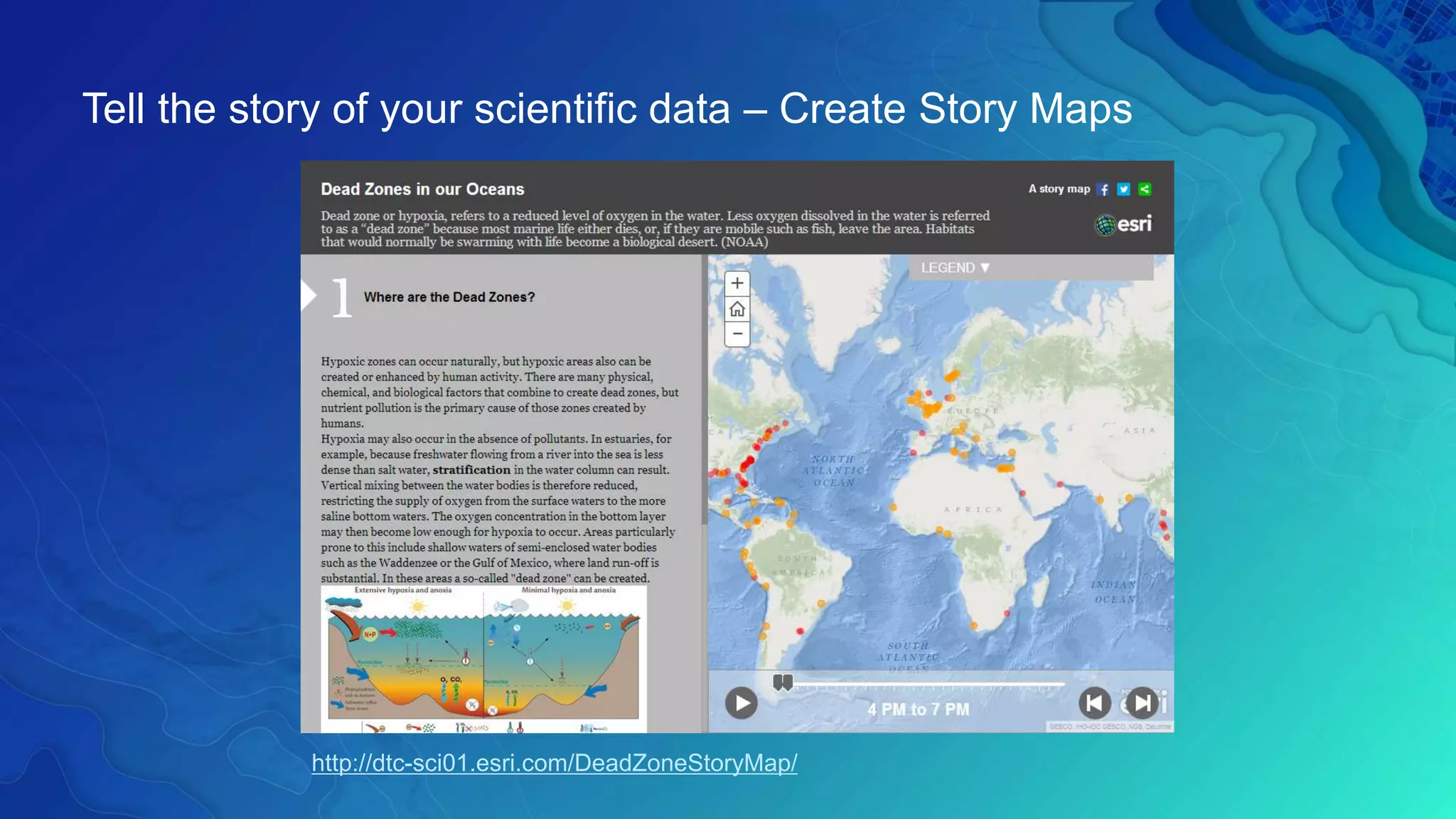 Tell the story of your scientific data – Create Story Maps
http://dtc-sci01.esri.com/DeadZoneStoryMap/
 