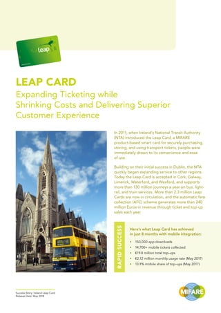 Success Story: Ireland Leap Card
Release Date: May 2018
In 2011, when Ireland’s National Transit Authority
(NTA) introduced the Leap Card, a MIFARE
product-based smart card for securely purchasing,
storing, and using transport tickets, people were
immediately drawn to its convenience and ease
of use.
Building on their initial success in Dublin, the NTA
quickly began expanding service to other regions.
Today the Leap Card is accepted in Cork, Galway,
Limerick, Waterford, and Wexford, and supports
more than 130 million journeys a year on bus, light-
rail, and train services. More than 2.3 million Leap
Cards are now in circulation, and the automatic fare
collection (AFC) scheme generates more than 240
million Euros in revenue through ticket and top-up
sales each year.
Expanding Ticketing while
Shrinking Costs and Delivering Superior
Customer Experience
Here’s what Leap Card has achieved
in just 8 months with mobile integration:
•	 150,000 app downloads
•	 14,700+ mobile tickets collected	
•	 €19.8 million total top-ups
•	 €2.12 million monthly usage rate (May 2017)
•	 13.9% mobile share of top-ups (May 2017)
RAPIDSUCCESS
Uimhir/Number
LEAP CARD
 