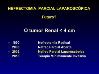 NEFRECTOMIA  PARCIAL LAPAROSCÓPICA  Futuro? O tumor Renal < 4 cm 1990 Nefrectomia Radical 2000 Nefrec Parcial Aberta 2002 Nefrec Parcial Laparoscópica 2010 Terapia Minimamente Invasiva 
