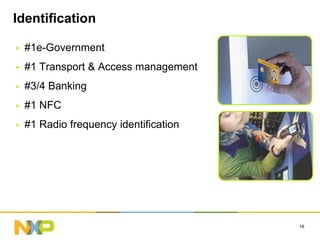 Identification

   #1e-Government
   #1 Transport & Access management
   #3/4 Banking
   #1 NFC
   #1 Radio frequency identification




                                        16
 