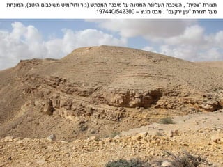 ‫תצורת "צפית" , השכבה העליונה המגינה על מיבנה המכתש )גיר ודולומיט משוכבים היטב(, המונחת‬
                                     ‫מעל תצורת "עין ירקעם" . מבט מנ.צ – 003245/044791.‬




‫4‬
 