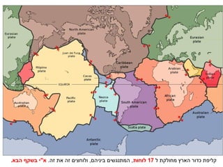 ‫קליפת כדור הארץ מחולקת ל 71 לוחות, המתנגשים ביניהם, ולוחצים זה את זה. א"י בשקף הבא.‬
 